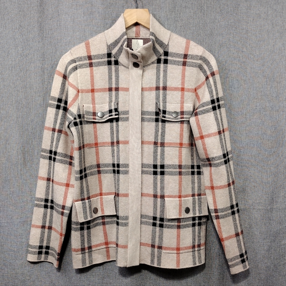 Joie Plaid Sweater Jacket Women's L Cream Black Boho Retro 90s Y2K Preppy Casual